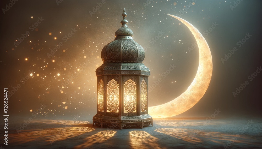 Fototapeta premium Ramadan lantern and golden crescent moon shining brightly isolated on dark background