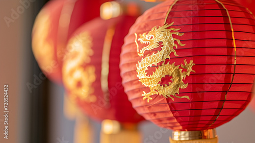 Paper Lanterns with Dragon Gold Foil Imprint and Threading - Chinese New Year Celebration Decoration in Vibrant Color Tones