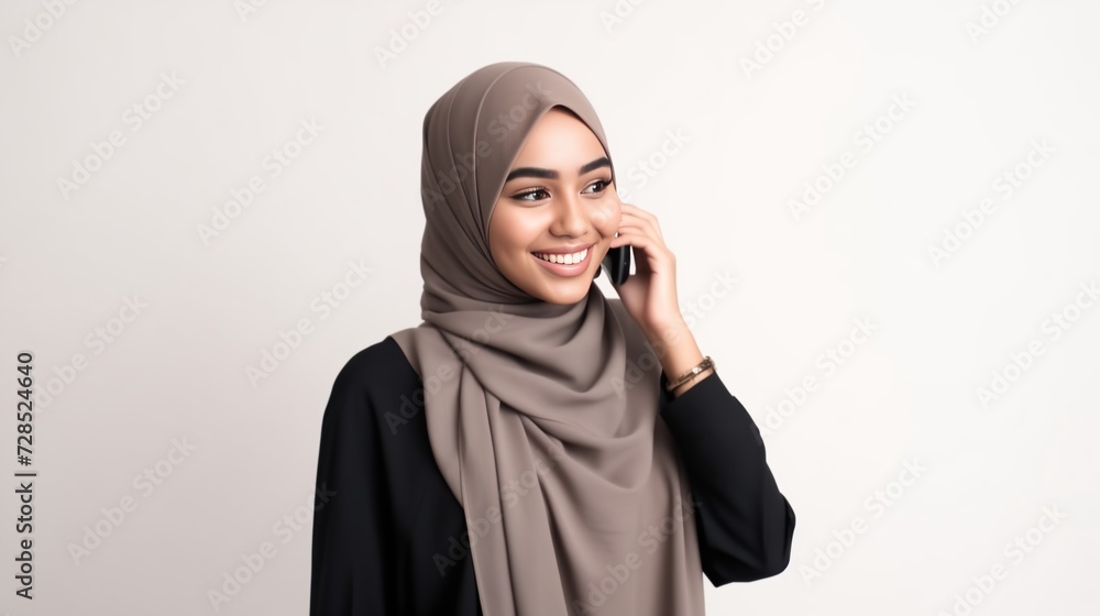 Smiling young Asian Muslim woman using a mobile phone and looking away isolated over white background Smiling young Asian Muslim woman using a mobile phone and looking away isolated over white background