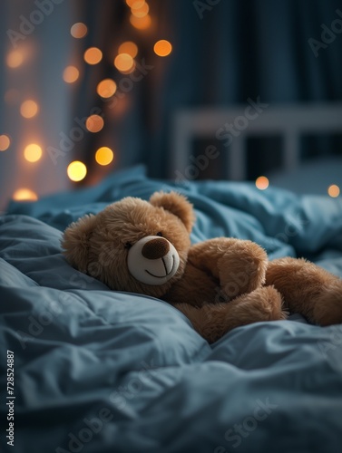 Teddy Bear Resting on a Cozy Bed with Fairy Lights