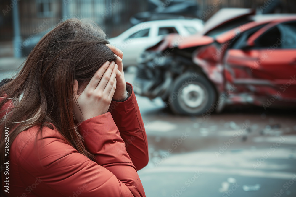 a woman holds her head with her hands against the background of a broken car, a car accident on a city street