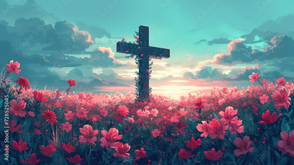 Beautiful fantasy landscape of crucifixion transformed into a blooming cross , easter celebration, flowers and mountains - obrazy, fototapety, plakaty 