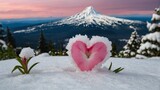 pink flower heart sheep in snow view mountain and sky