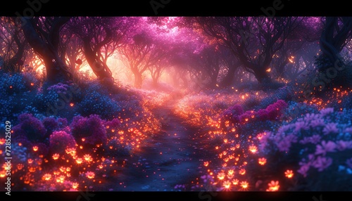 Fantasy Garden at Night: Mystical Aura and Glowing Flowers - Vibrant Floral Wallpaper Art