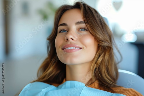 A radiant woman with blue eyes and layered hair, wearing a warm smile and a hint of lipstick, stands confidently against a wall in a cozy indoor setting
