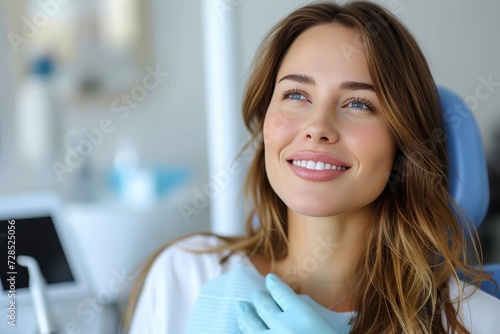 A beaming woman with blue gloves stands in front of a wall, her layered hair framing her joyful face as she shows off her stunning smile