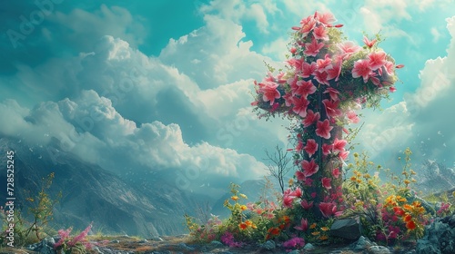 Beautiful fantasy landscape of crucifixion transformed into a blooming cross , easter celebration, flowers and mountains photo