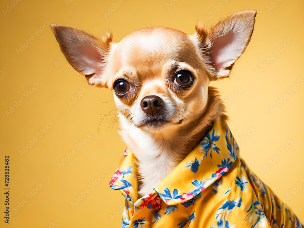 portrait of a cute purebred puppy chihuahua in a jacket on a yellow background