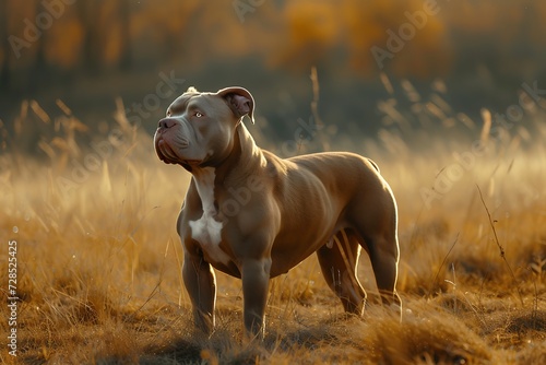 a American Bully standing on the grass in a field, in the style of grandeur of scale, explosive pigmentation, light silver and light brown,