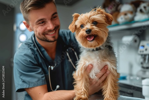 A stylish man stands indoors, proudly holding his beloved yorkipoo, their matching clothing and toy dog embodying the perfect pet-owner bond photo