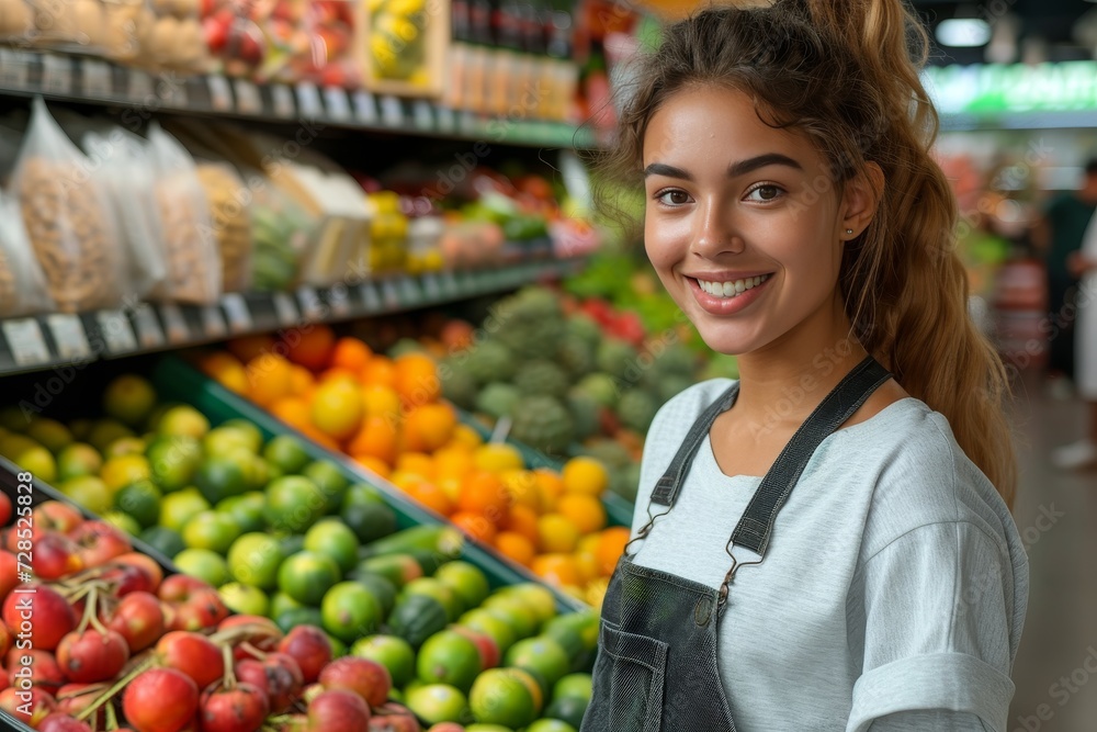 A vibrant woman radiates joy while standing amidst a colorful display of fresh, local produce at a bustling outdoor marketplace, showcasing the natural and wholesome offerings of a greengrocer's whol