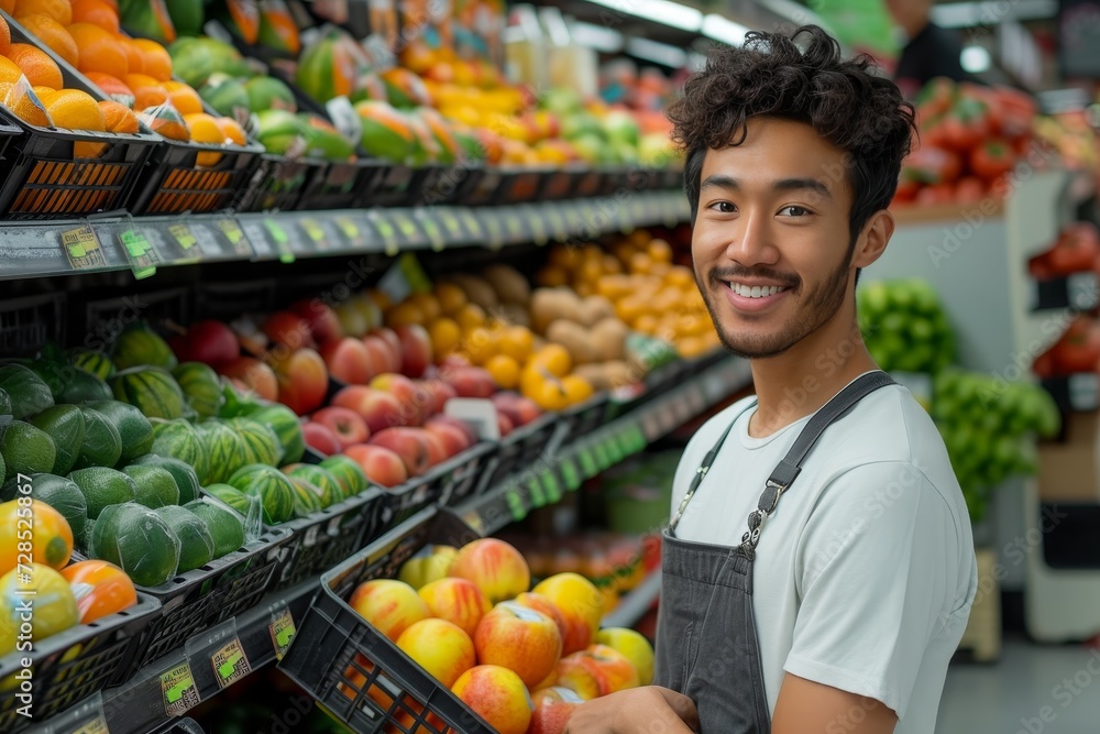 A conscious shopper surveys the bountiful array of whole, local produce at the greengrocer's, embracing the natural and nutritious lifestyle while supporting the community and sustainable trade - obrazy, fototapety, plakaty 