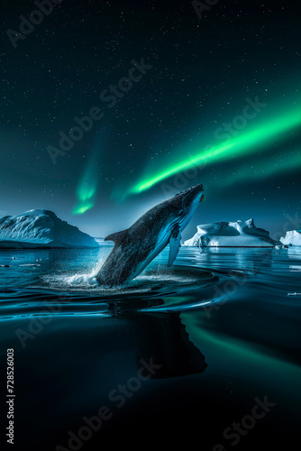 Majestic whale breaching under northern lights at night Generative AI image photo