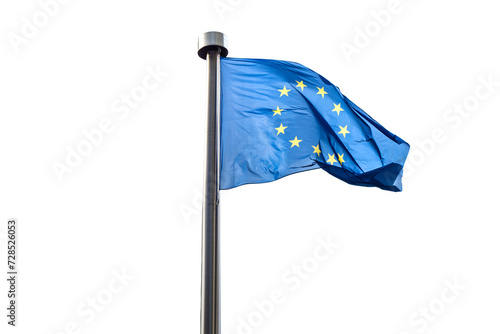 Flag of the European Union on the flagpole isolated on white background