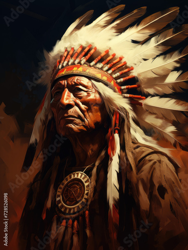 Indian. Native American wearing a feathered headdress. Digital art.