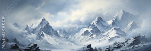 Snowy mountains in the clouds. Digital art.