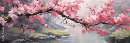 Garden with blooming sakura. Panoramic view. Digital art.