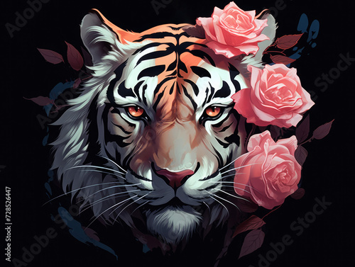 Tiger and roses. Digital art.