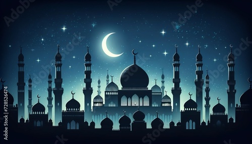 Magnificent view of mosque silhouette against blue sky, stars and crescent moon at night