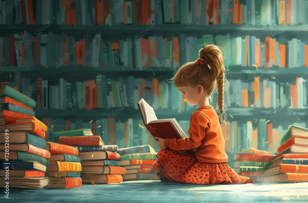 Fototapeta premium A young girl sits reading amongst piles of books in a library