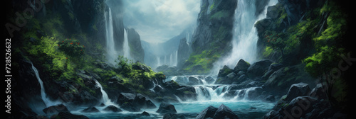 Jungle, waterfall. Panoramic view. Digital art. © Cridmax
