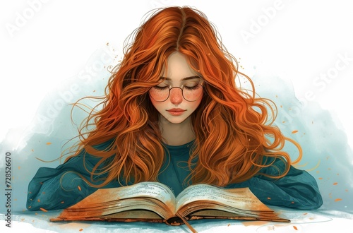 Illustration of a woman with flowing red hair absorbed in a book photo