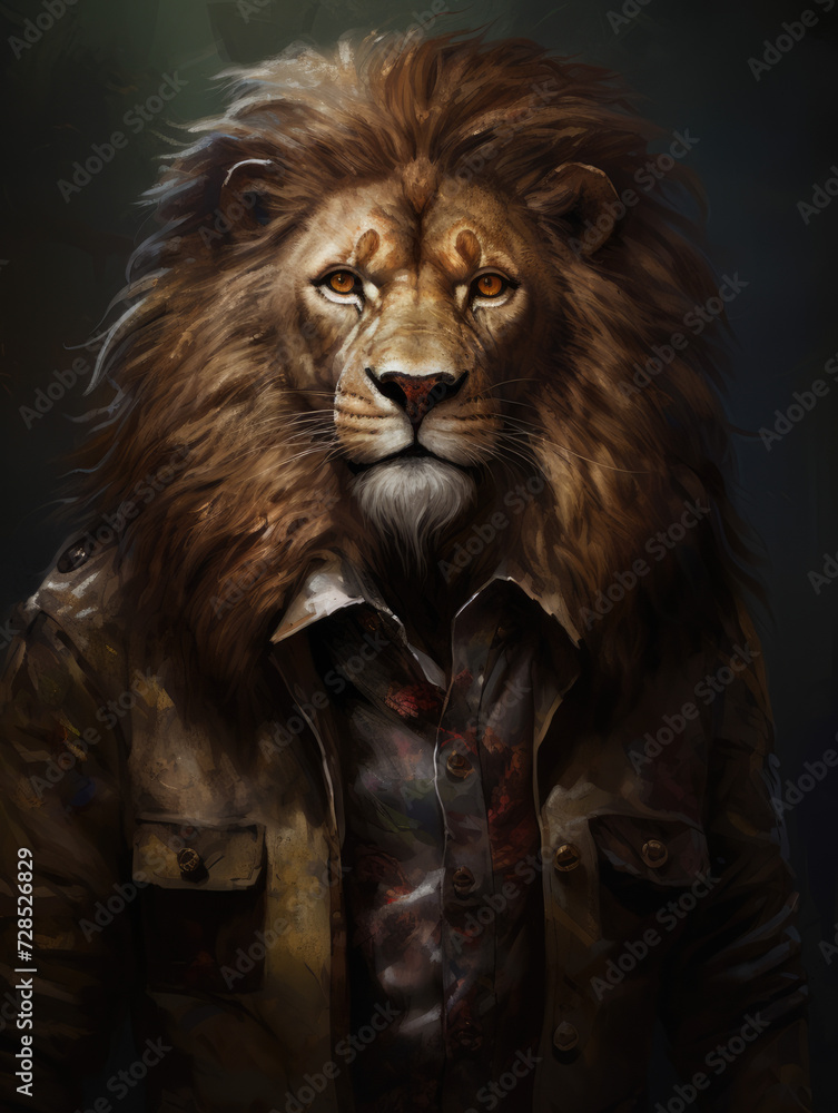 A lion in a jacket. Digital art.