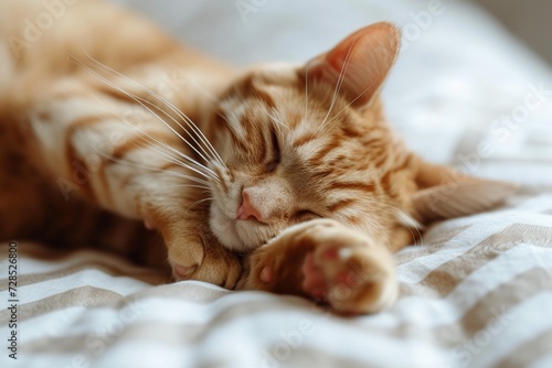 A cozy ginger cat peacefully sleeping on soft, striped bedding
