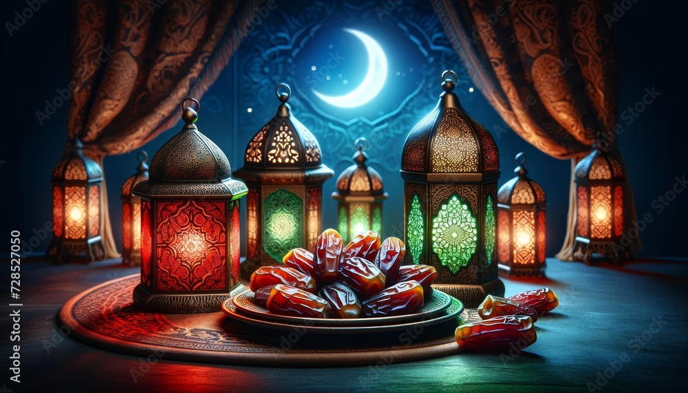 Ramadan Lantern decoration, dates and mosque silhouette on nighttime background