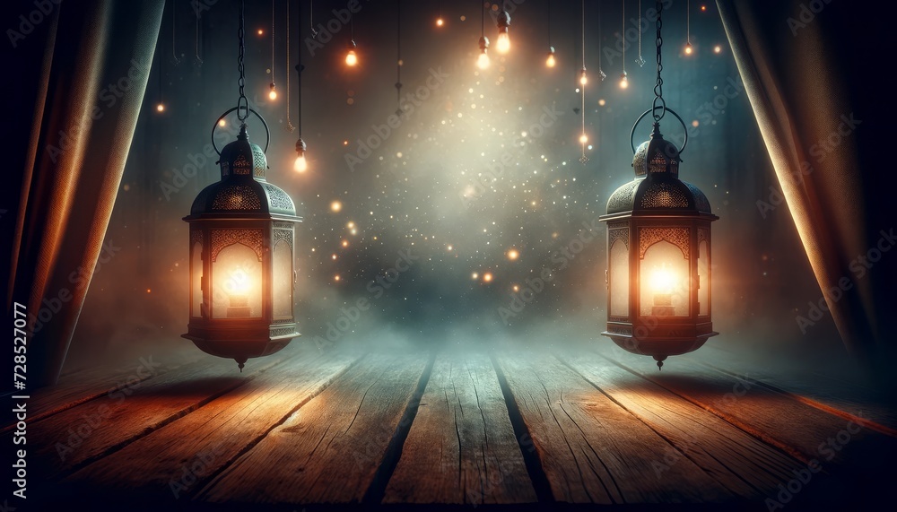 Ramadan Lantern decoration on old empty wood with dark and smoky background Ramadan Lantern decoration on old empty wood with dark and smoky background