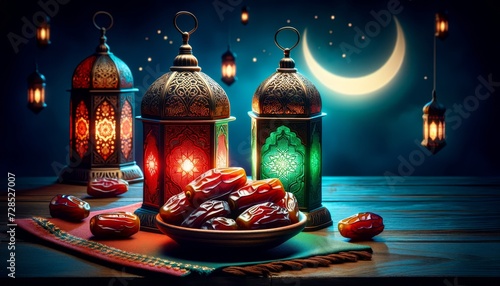 Ramadan Lantern decoration  dates and mosque silhouette on nighttime background