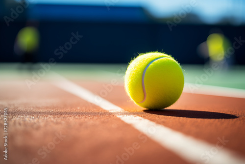 a tennis ball on a vibrant orange and green court surface, with the texture of the court visible, natural sunlight highlights the ball's neon yellow felt with blurred background
