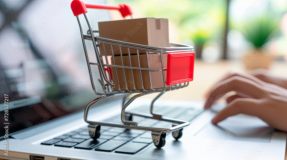Digital Shopping Cart: Navigating Home Retail Online. E-commerce concept as hands navigate a laptop near a shopping cart filled with boxes. Captures the essence of home shopping 