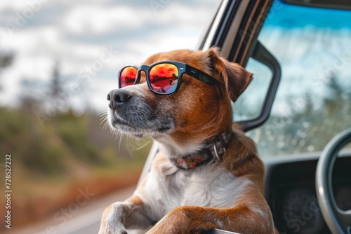 A stylish dog of a specific breed gazes out the car window, sporting sunglasses and a collar, enjoying the outdoor ride with its brown fur blowing in the wind