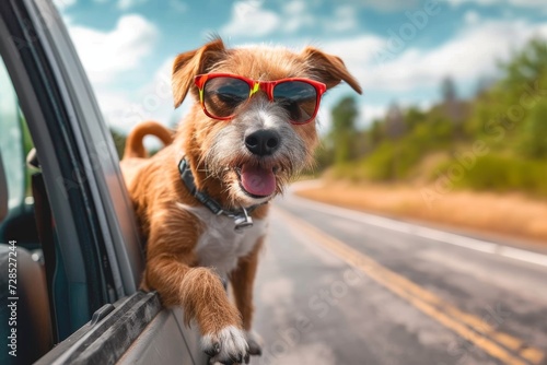 An adventurous pup with cool shades and a carefree attitude takes in the open road with its head out of the car window, basking in the warm sun and embracing the freedom of the moment