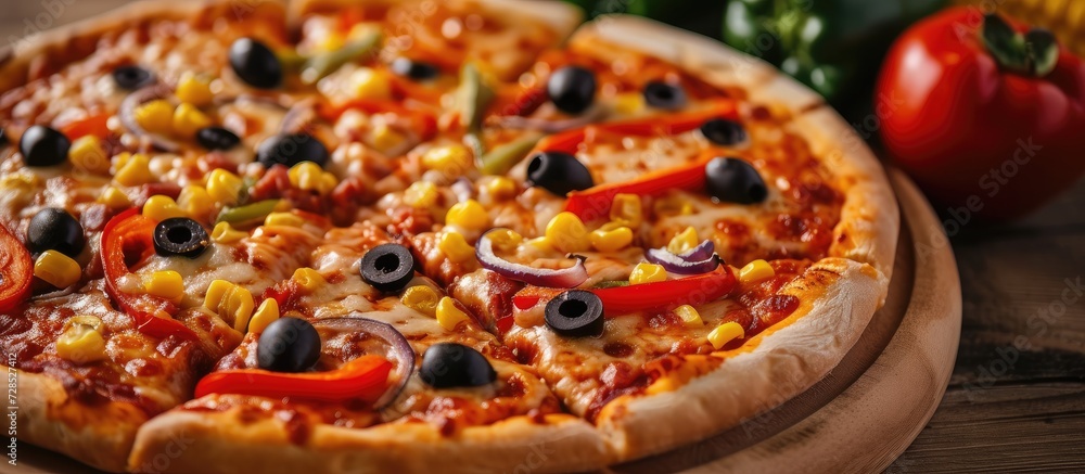 Vegan pizza topped with peppers, olives, and corn. Vegan pizza topped with peppers, olives, and corn.