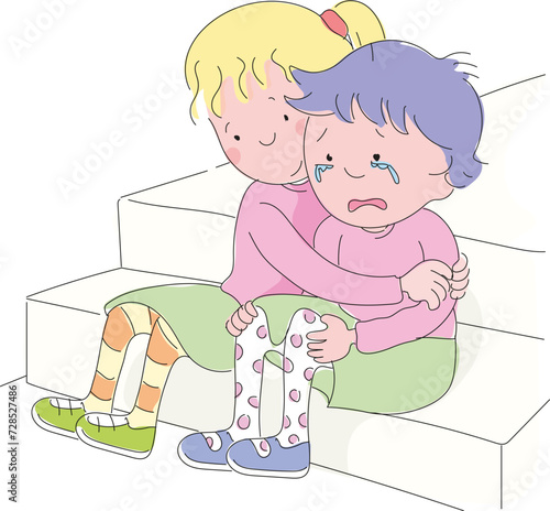 Girl sitting on the stairs hugging her crying friend. Little girl comforting her crying friend.