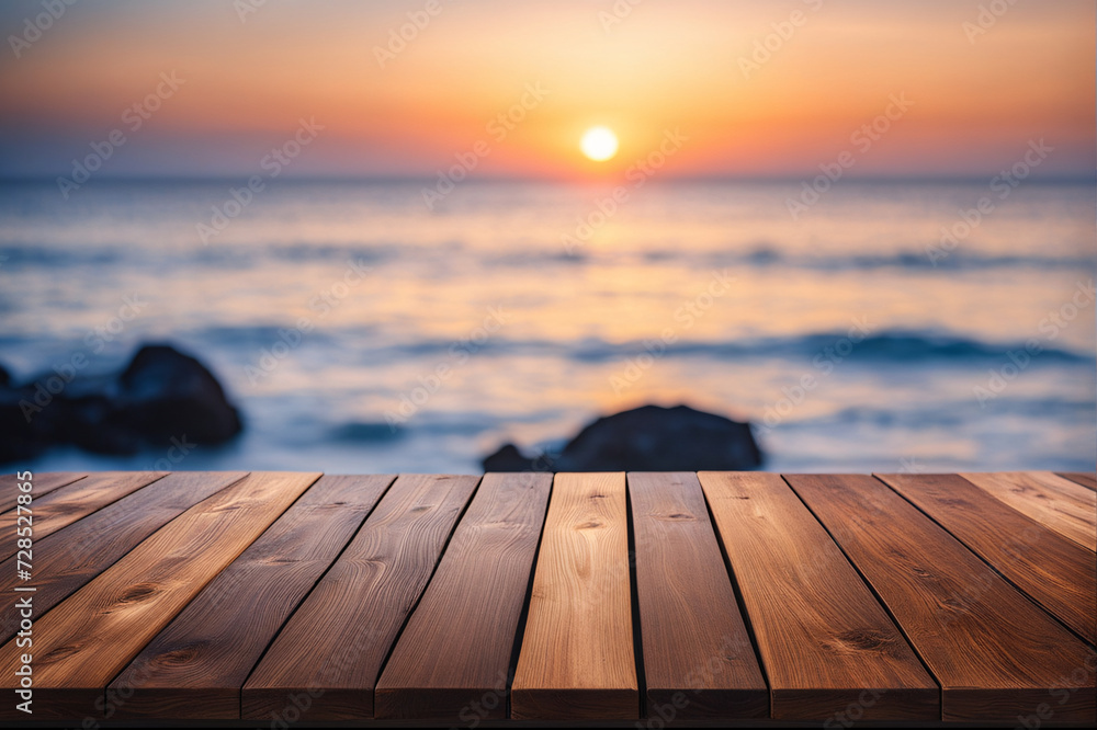 Wooden table top on blurred background of the sea