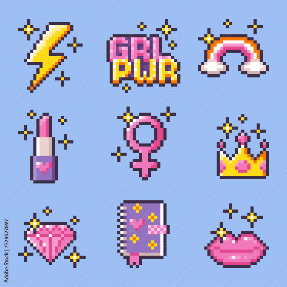 Girl power pixel art set. Isolated feminist vector icons. Female power. Pixelated stickers in 8-bit style. Game items. Vector illustration in y2k, 2000s, 1990s style.