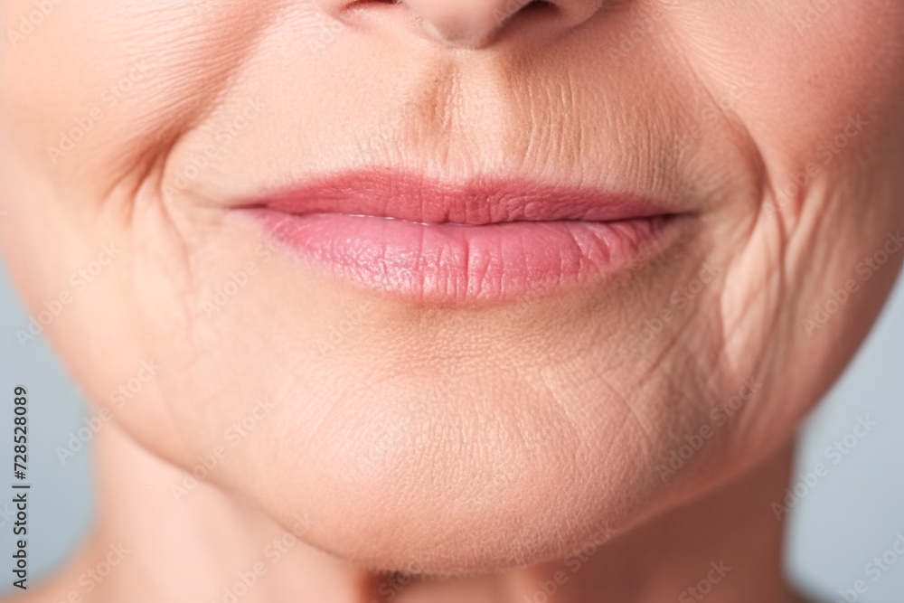 Fototapeta premium Close up of a mature woman's face with skin texture wrinkles. Cosmetic procedures for aging skin skin body care healthy lifestyle concept