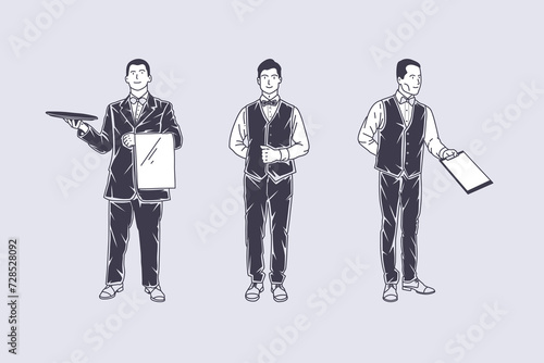 Set of outline illustrations of restaurant waiters