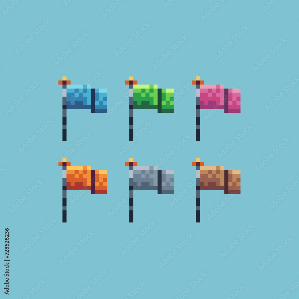 Pixel art sets icon of flag logo variation color.Flat flag icon on pixelated style. 8bits Illustration, perfect for design asset element your game ui. Simple pixel art icon asset.