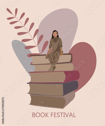 Book Festival Concept. A girl sitting on a stack of books. Advertisement of reading. Vector illustration. Book exchange. Eps 10. Books on a beige background and colors. 