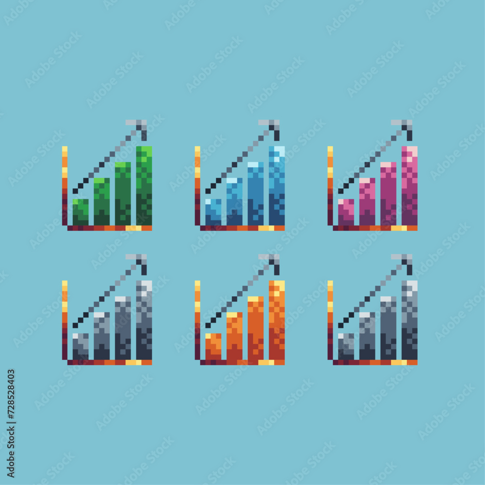 Pixel art sets icon of up rise graph logo variation color rising money icon on pixelated style. 8bits Illustration, perfect for design asset element your game ui. Simple pixel art icon asset.