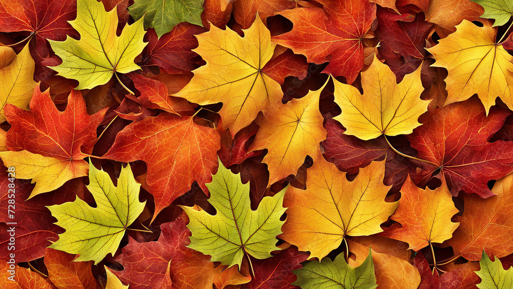 Colorful autumn maple leaves background, top view, flat lay.