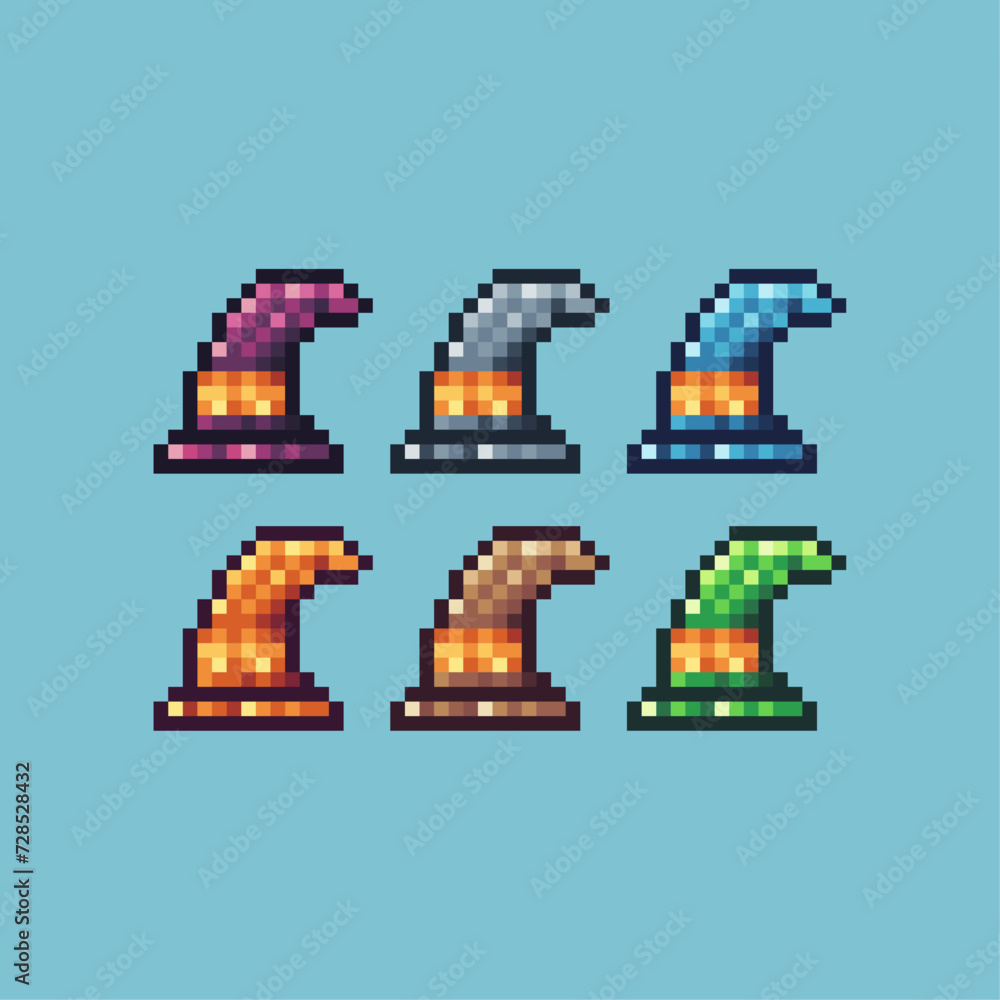 Pixel art sets icon of witch hat collection variation color.Witch hat icon on pixelated style. 8bits Illustration, perfect for design asset element your game ui. Simple pixel art icon asset.