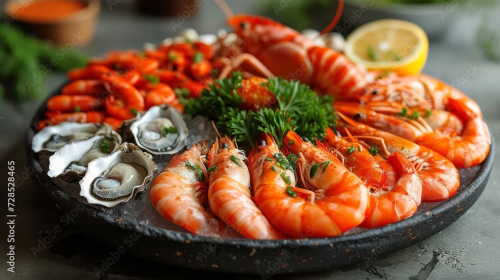 Fresh Seafood Platter, an elegant display of fresh seafood, including lobster, shrimp, and oysters, arranged on a platter. Fresh Seafood Platter, an elegant display of fresh seafood, including lobster, shrimp, and oysters, arranged on a platter.