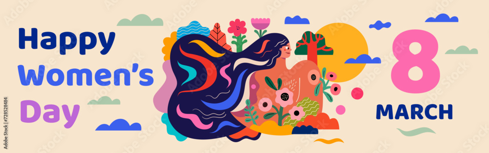 Obraz premium Happy Women's Day. Vector bright colourful banner with woman's face for the holiday Women's day. Character design for 8th march, women's day. 