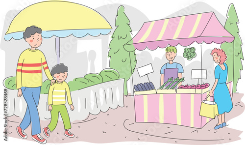 Father and son are walking in the street market.