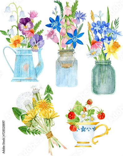 Watercolor wildflowers bouquets in watering can, jar and cup. Dandelion bouquet
